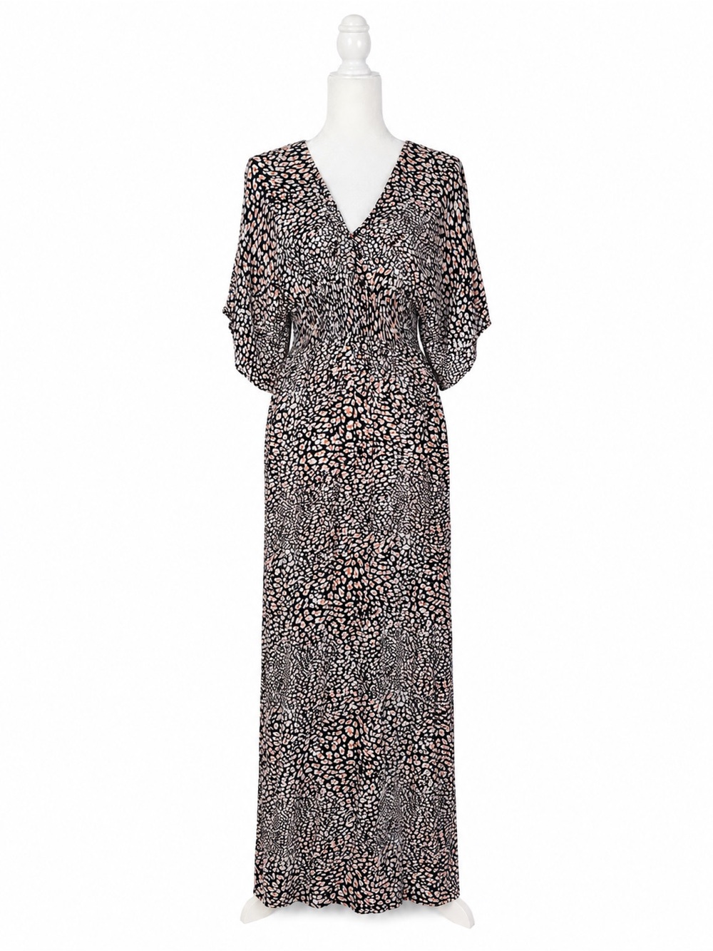 ⁠Lovestitch Boho Leopard Print V-Neck Maxi Dress Kimono Sleeve M/L